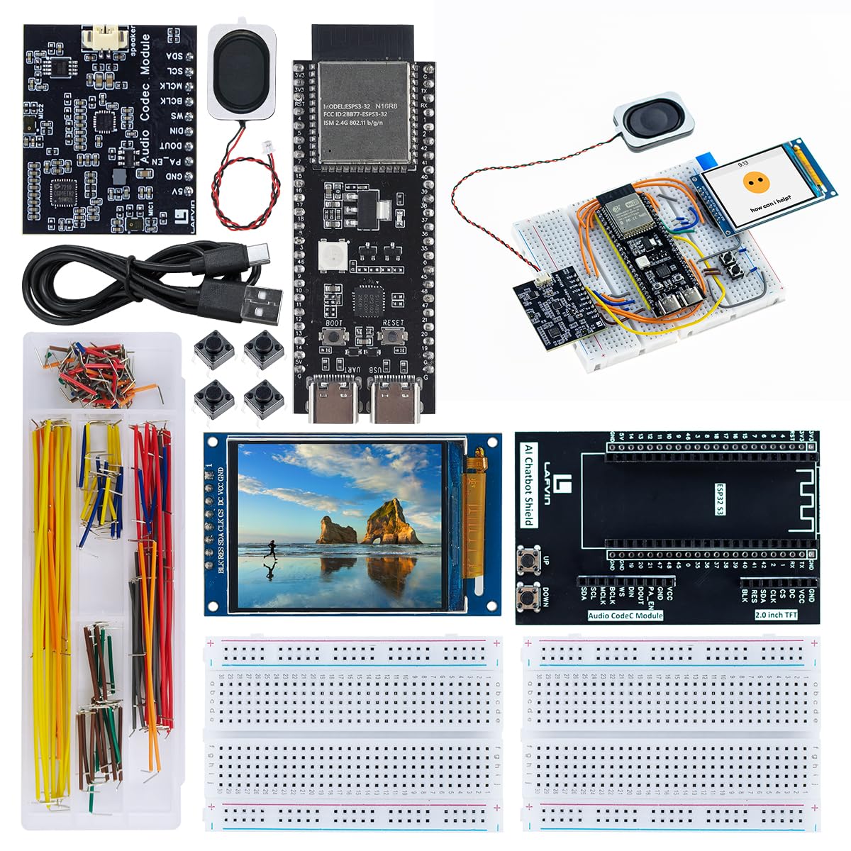 LAFVIN ESP32S3 AI Chatbot Kit, ESP32-S3 Voice Assistant with Dual AI Platforms, 2 inch TFT Display, Wi-Fi & BLE 5.0 for IoT & AI Learning