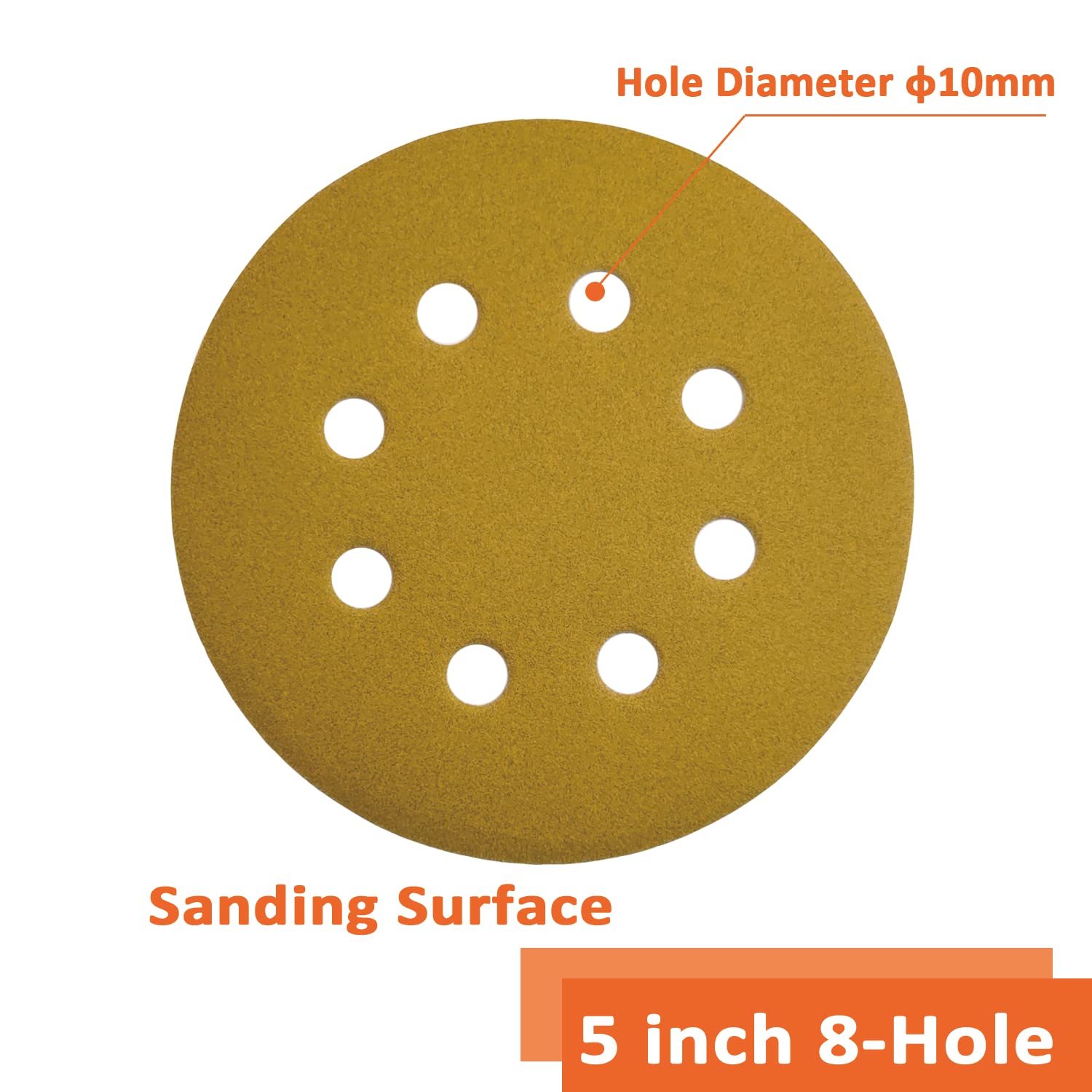 Discos de lijado de 5 pulgadas y 8 agujeros, papel de lija dorado en seco Hook&Loop, papel de lija orbital, apto para madera, metal, plástico y pulido, paquete de 50 (P220)