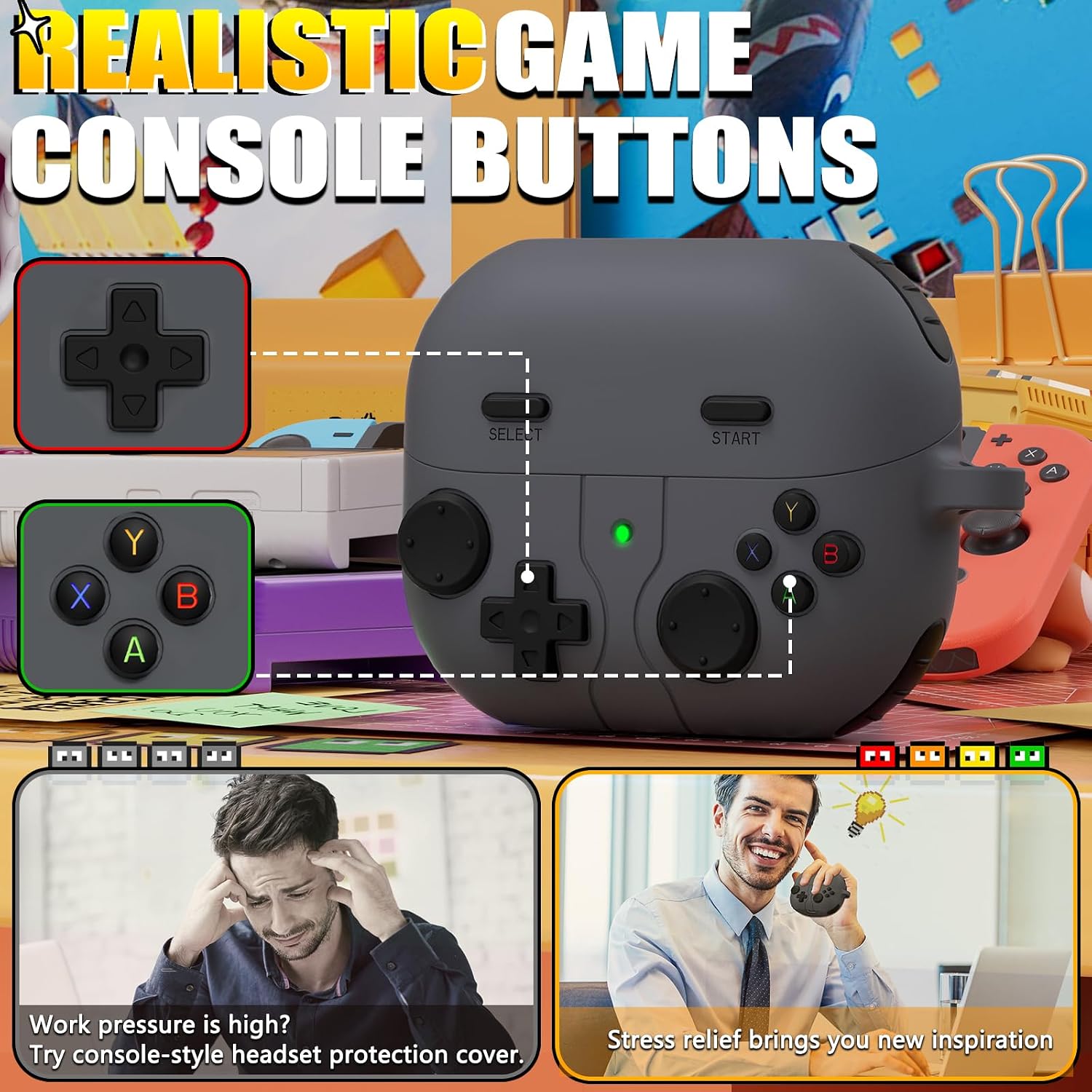 Game Case for Samsung Galaxy Buds 3 FE(2025) & Galaxy Buds 3 Pro Case(2024),Silicone Classic Game Player Design with 3D Button Case Cover for Buds Pro 3 for Men with Cleaner Kit-Dark Gray