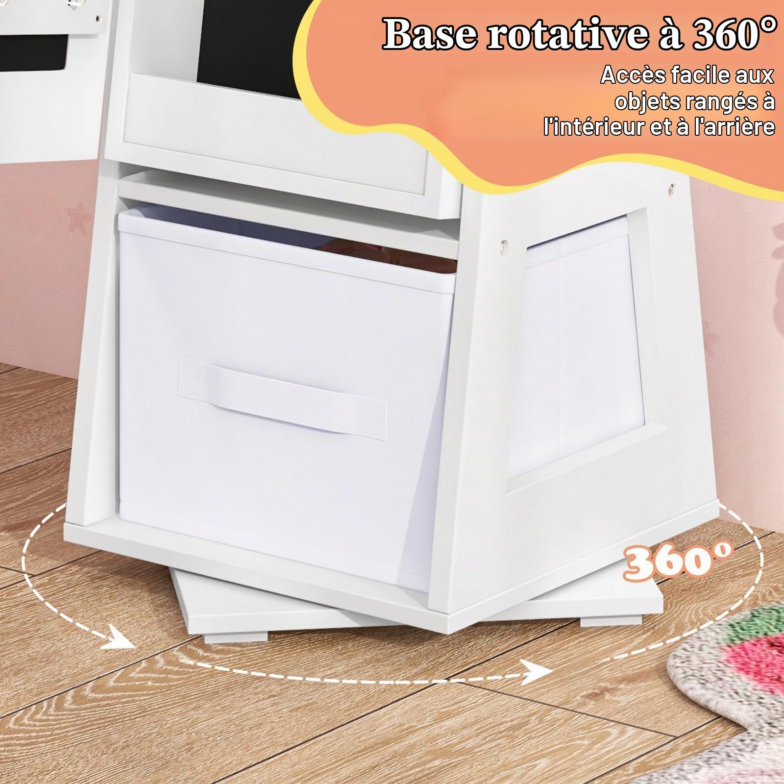 FANTASK Armoire à bijoux 3 en 1 pour enfants - Pivote à 360° - Avec miroir pleine longueur et panier de rangement - Blanc - Étagère à bijoux - Miroir de maquillage en forme de couronne - Pour enfants