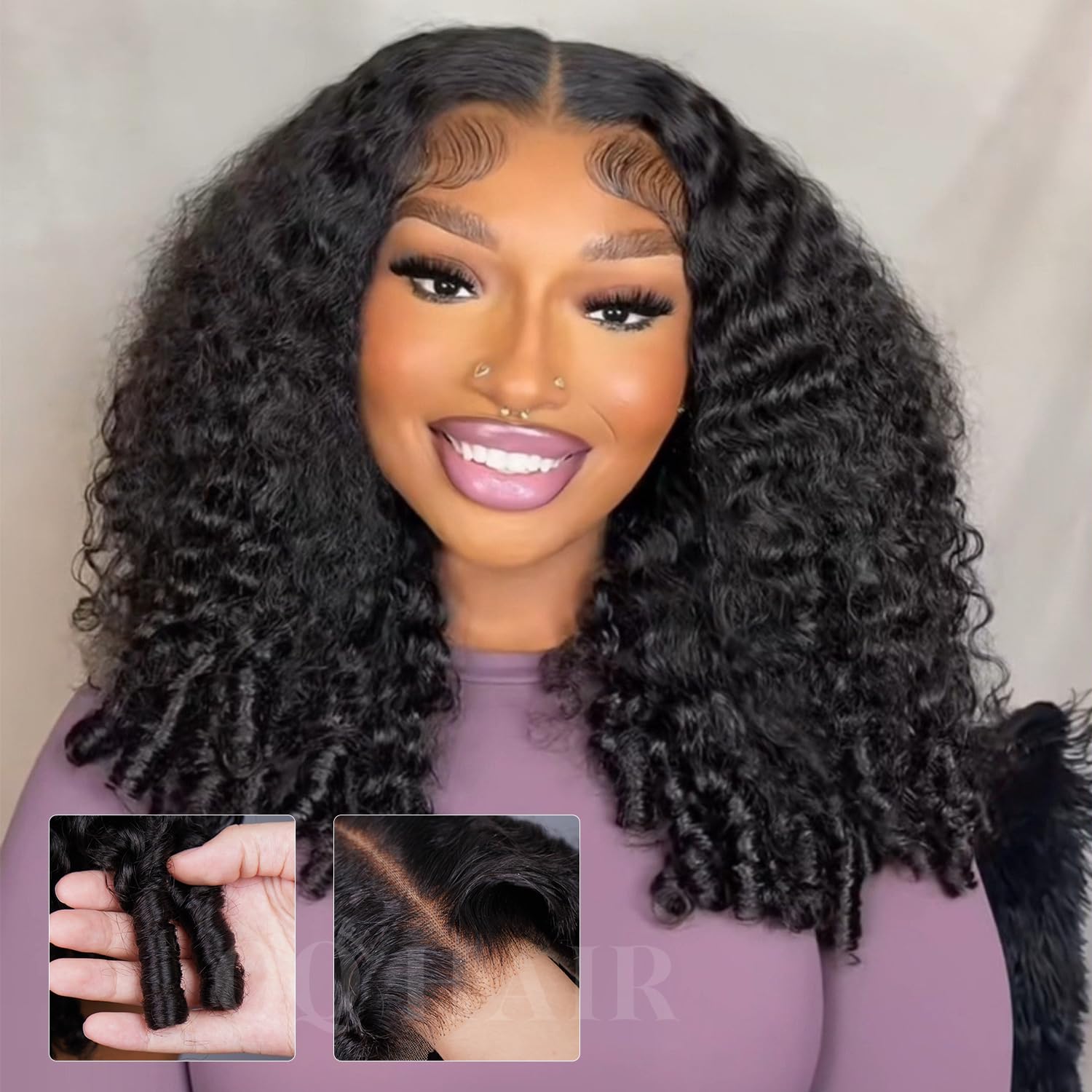 OQ HAIR Burmese Curly Glueless Wigs Human Hair 7x5 Lace Pre Cut Pre Plucked Beginner Friendly Drawstring Wear and Go Curly Human Hair Wig for Women Natural Color 180% Density 18 Inch