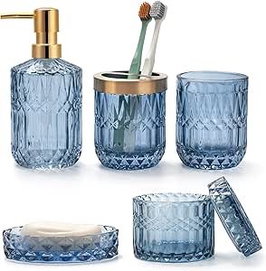 Lot de 5 Accessoires de Salle de Bain en Verre Bleu avec Distributeur de Lotion, Porte Savon, Porte Brosse à Dents, Gobelet, Pots de Cotons-Tiges, Décoration de Bain Moderne, Cadeau Vintage