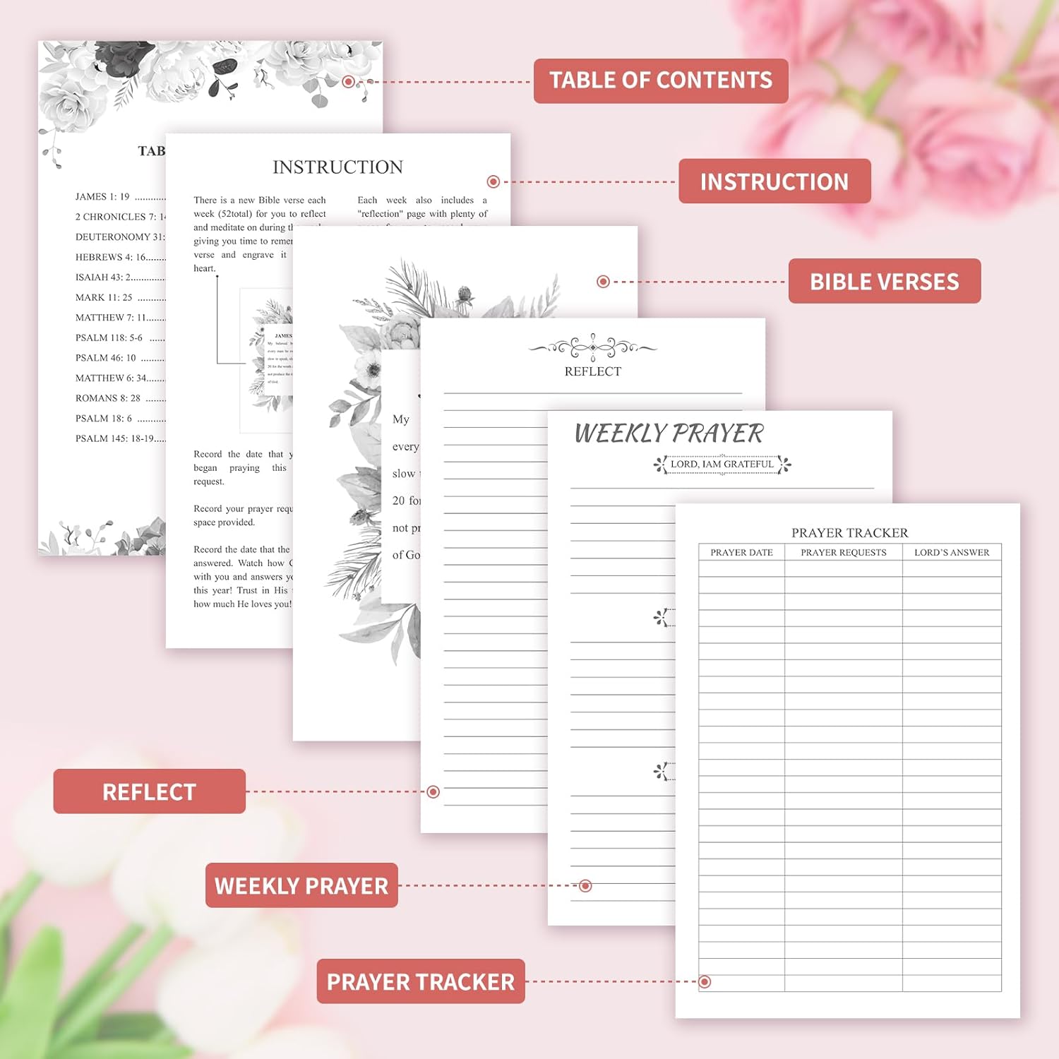 Spiral Prayer Journal for Women, 52 Weeks Bible Journal, Christian Art Gifts Notebook with Verse Inspirational Writing, Guided Notebook, Devotional Reflections for Bible Study, 8.3" x 6.3" （Flower） - Image 5