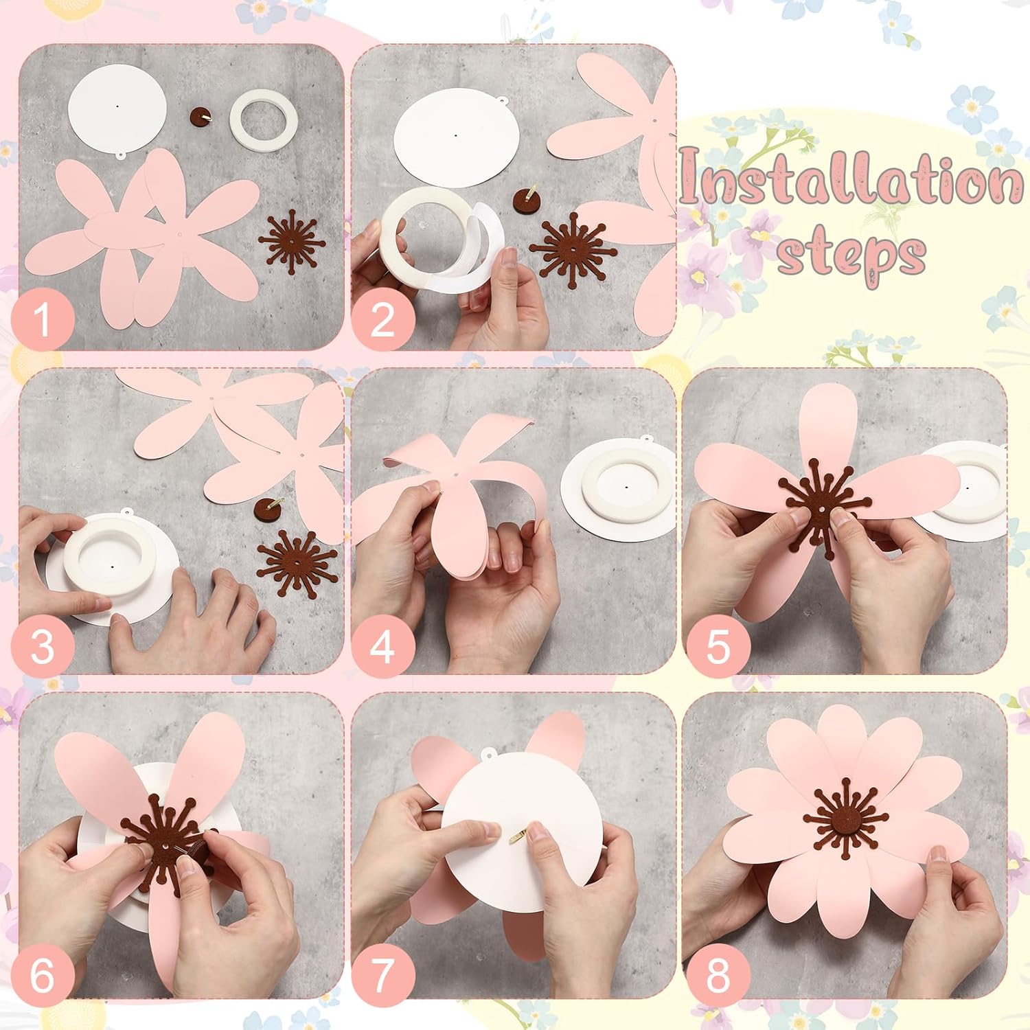 Marspark 27 Pcs Large Pink and White Paper Flowers Backdrop Decorations for Wall Giant DIY Artificial 3D Flower Decor with Butterfly Rattan Spring Tea Party Bulletin Board for Holiday Wedding