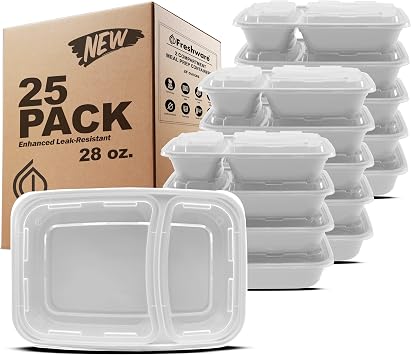 Freshware Meal Prep Containers [25 Pack] 2 Compartment with Lids, Food Storage Containers, Bento Box, BPA Free, Stackable, Microwave/Dishwasher/Freezer Safe 28 oz, Grey
