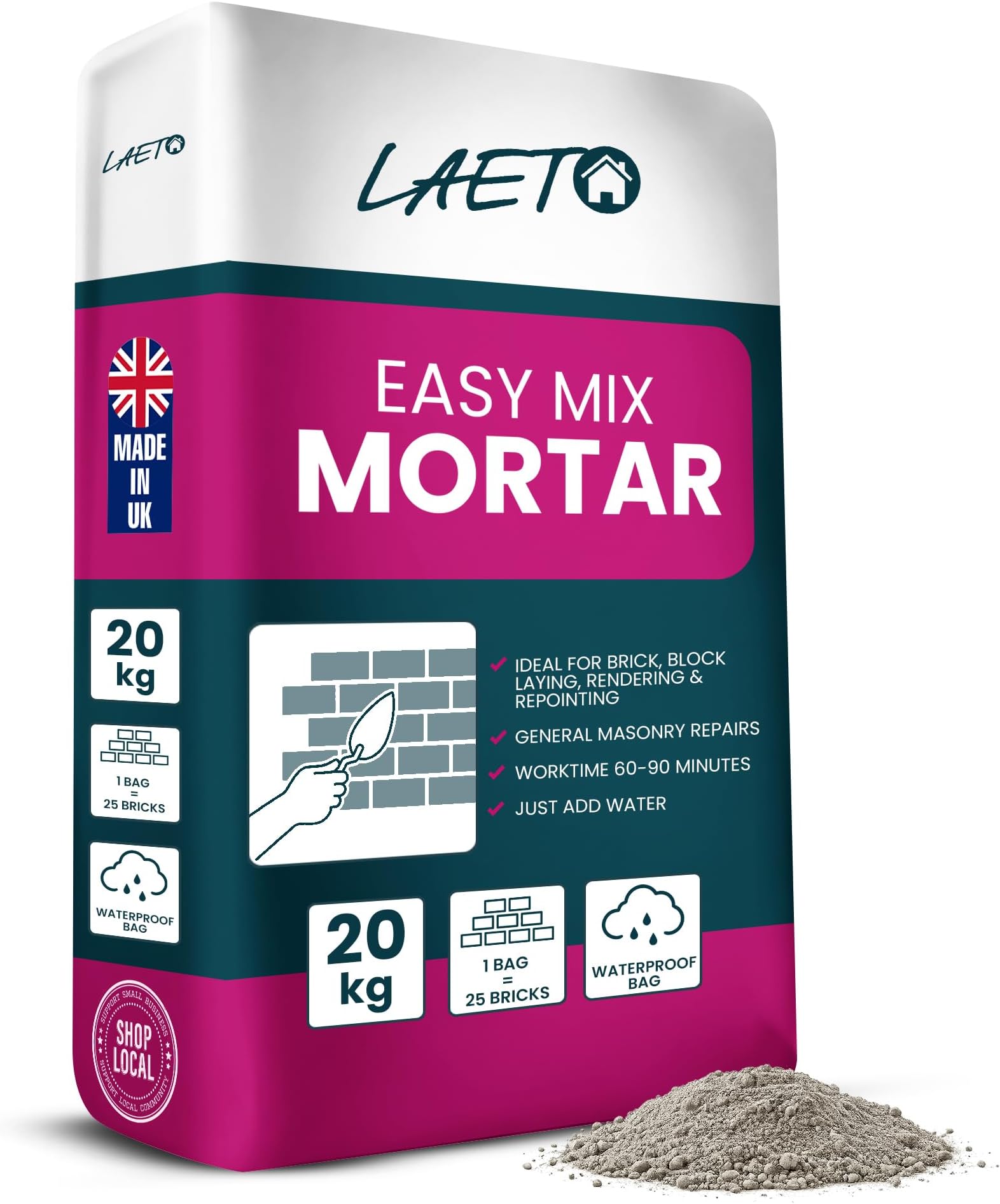 Laeto Easy Mix Mortar 20kg Ready Mixed Cement for Bricklaying Paving | Just Add Water, Pre-Blended Sand Cement Mix, For Bricklaying, Paving Slabs, Patching, Indoor and Outdoor Repairs