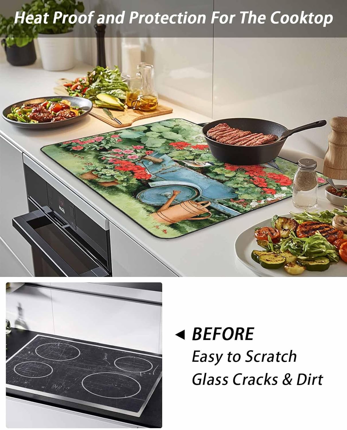 Spring Flowers Stove Cover for Electric Stove, Vintage Blue Stroller Birds Red Floral Leaf Grass Stove Top Cover for Glass Top, Heat Insulation Rubber Mat Foldable Cooktop Top Protector, 28.5"x20.5"