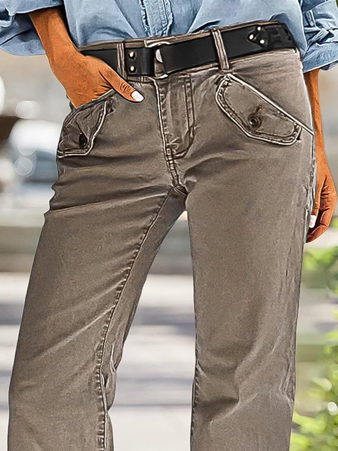 Flamingals Straight Leg Mid Waist Solid Casual Pants for Women Without Belt - Image 2