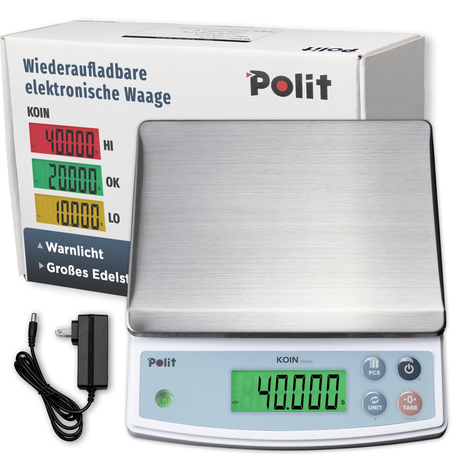 Polit KOIN Digitale Küchen- & Paketwaage 18 kg, wiederaufladbar, 1 g genau | Abnehmbare Edelstahlschale, Dreifarbige Anzeige, Tara-Funktion, 5 Wiegeeinheiten, Für Backen, Marktstand & Gewerbe