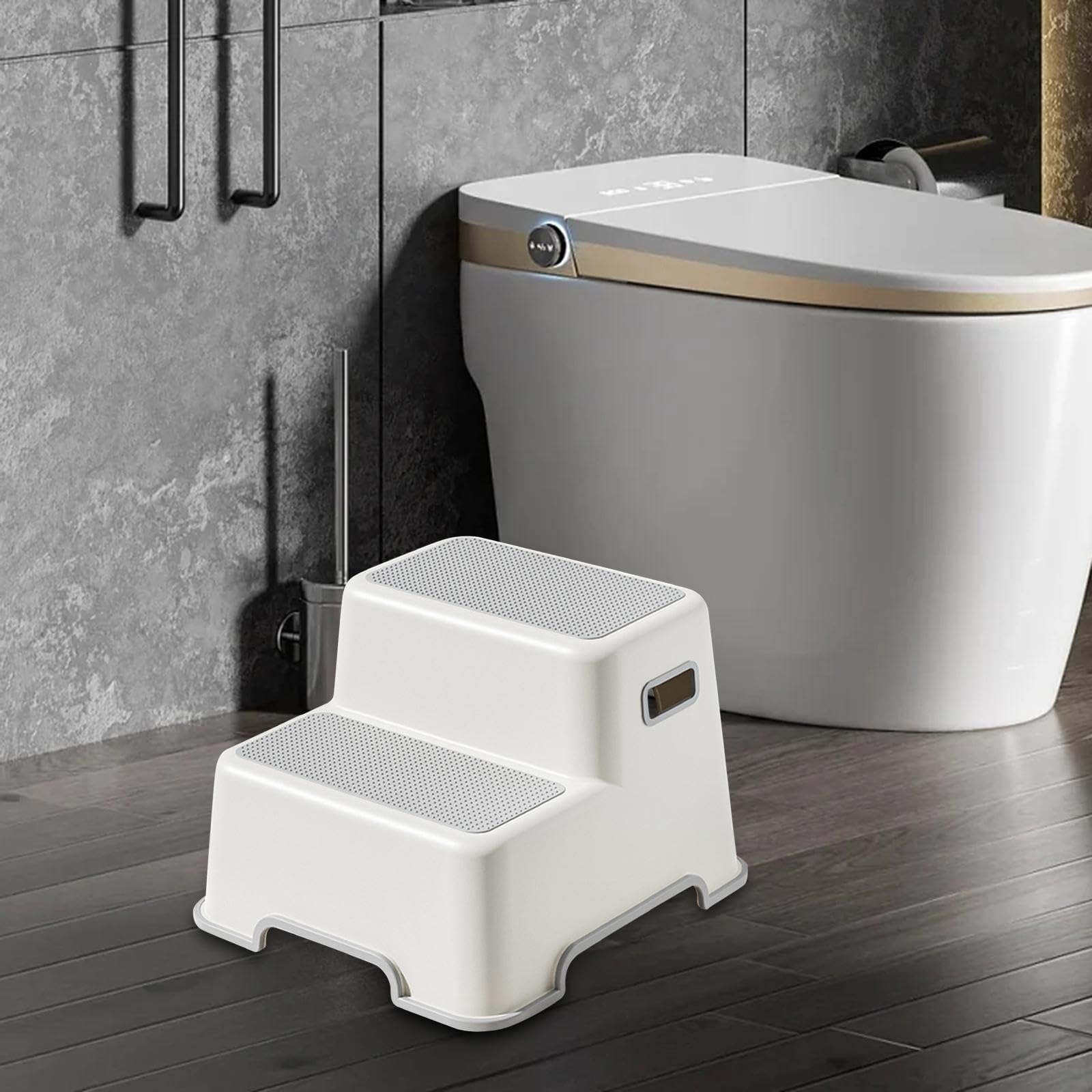 Taburete Infantil de Dos Peldaños, Antideslizante, Multiusos, con Patas de Goma Gruesas, Ideal para El Baño, Gris, Individual