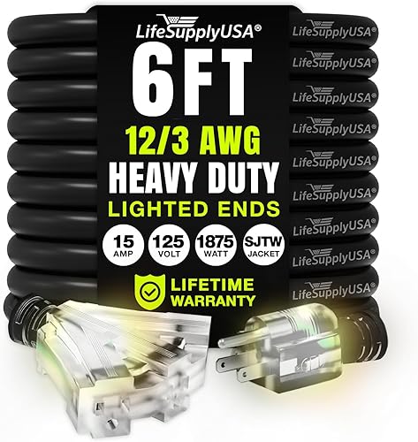 LifeSupplyUSA - Cable de extensión de alimentación de 3 pies para exteriores e interiores, impermeable, 3 salidas, SJTW, calibre 12, 15 amperios,
