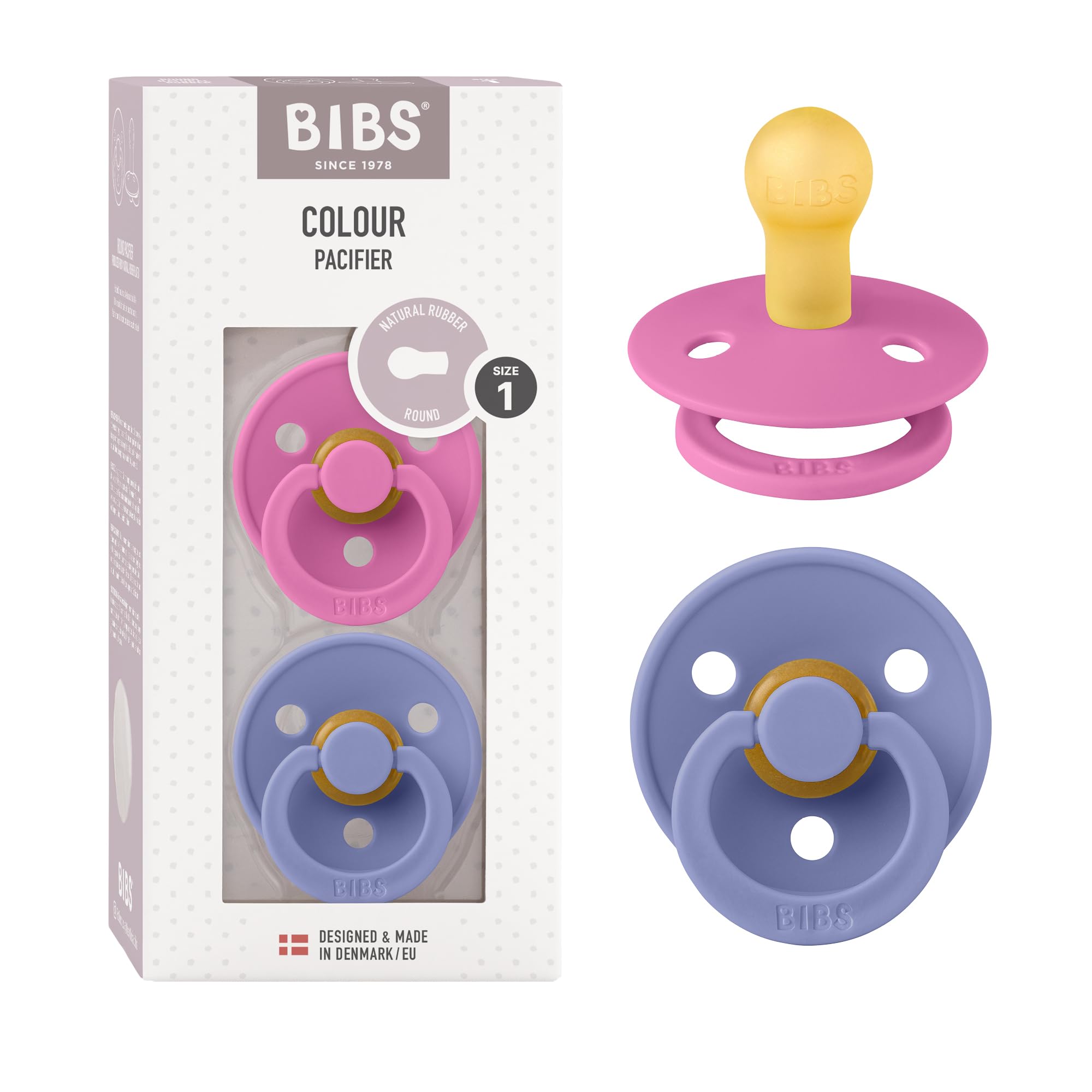 Bibs Colour Pacifier 2-Pack | BPA Free Soother, Round Nipple. Natural Rubber Latex,