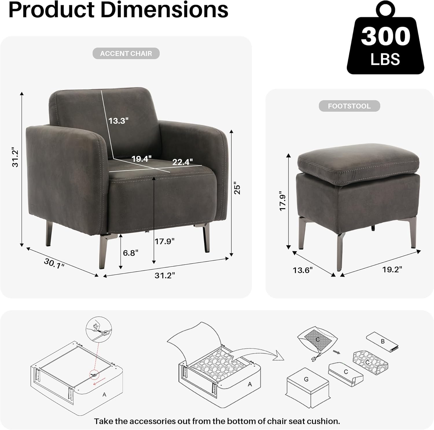Accent Chair with Ottoman Mid Century Modern Chair with Footrest Reading Chair with Ottoman Upholstered Leather Armchair with Metal Legs Single Sofa Chair for Living Room Bedroom, Grey