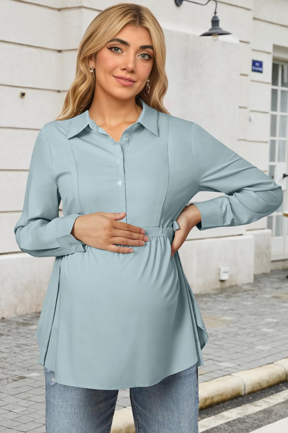 OUGES Women's Maternity Shirts Long Sleeve Belted Hidden Zippers Breastfeeding Blouse Button Down Work Office Business Casual Nursing Friendly Pregnancy Must Haves Tops Clothes(Gray Green,L)