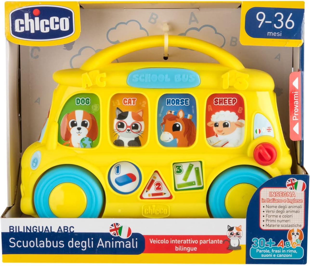 Chicco Toy School Bus - Bilingual - 7 Interactive Buttons - Over 35 Songs - with Light & Sound - Practical Handle - Children's Toys - 9 to 36 Months - Multicolor
