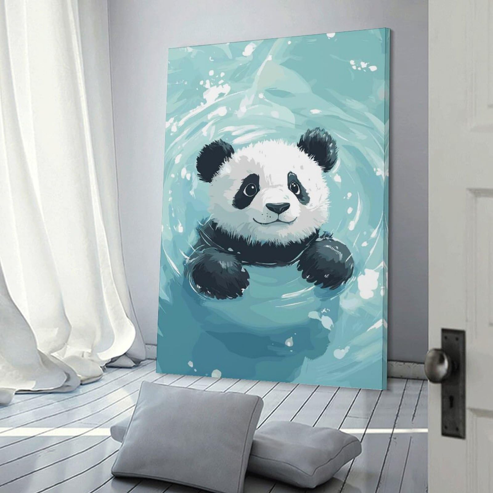 Junmoney Cute Panda Swimming in Blue Water Wall Art Print, 24x36inch(60x90cm), for Front Hall, Corridor Or Welcome Spaces, Wall Decor to Refresh Empty Corners