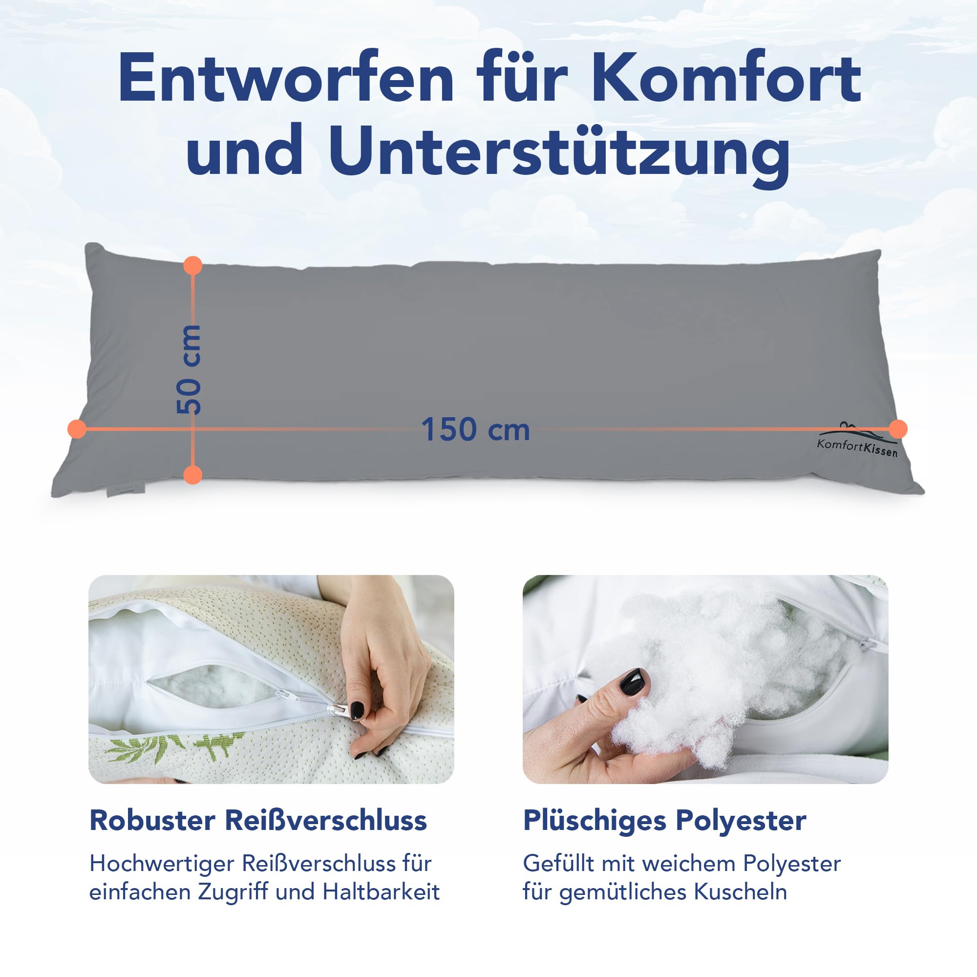 MKS Coussin De Positionnement Latéral 150 X 50 Cm Avec Housse 100% Coton – Oreiller Corps Confort Grossesse, Sommeil Latéral & Anti-Ronflement – OEKO-TEX