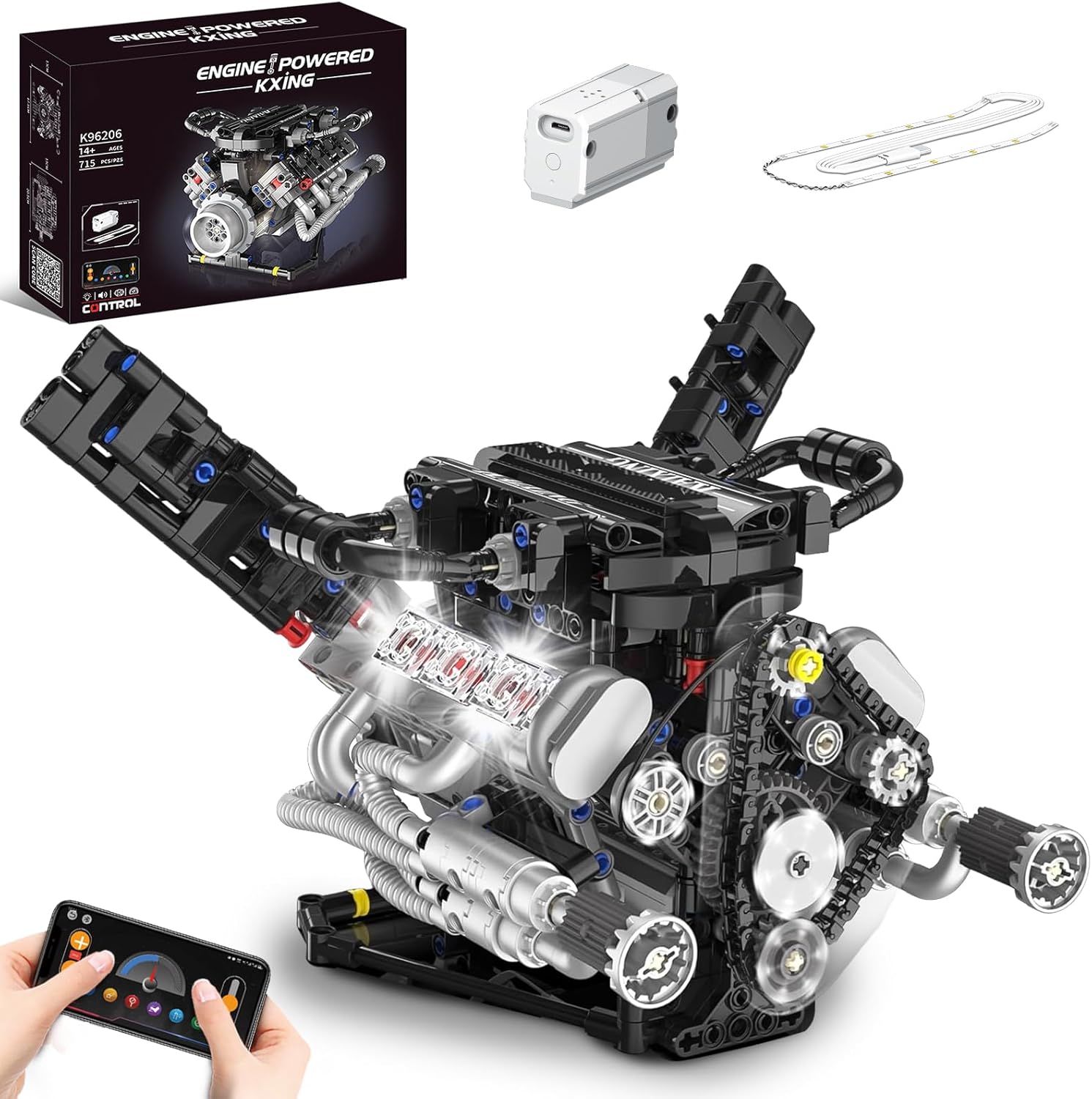 V8 Engine Model Kit that Works with LED Light & APP Control, 8-Cylinder Visible Engine Building Blocks Set, Build Your Own STEM Engineering Kit that Runs, Collection Set for Adults & Kids (715 PCS)