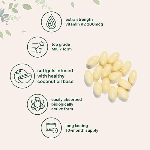 Miniatura 4 de Micro Ingredients Suplemento de vitamina K2 MK-7, 200 mcg por porción, 300 cápsulas blandas de aceite de coco, fácil de absorber, forma activa de