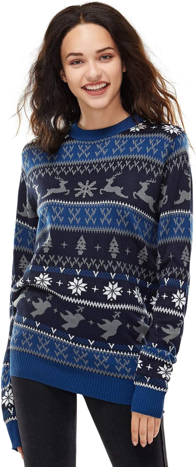 Ugly Christmas Sweater for Men, Reindeer Unisex Women Xmas Fairisle Classic Pullover for Party Festive Party
