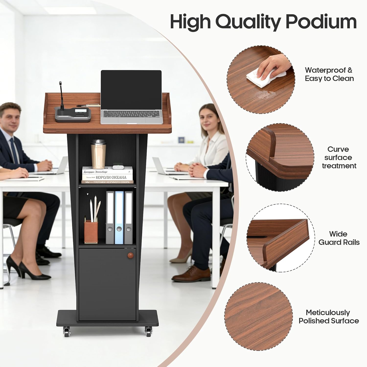 Baoz 15° Tilted Podium Stand with Storage & Lockable Wheels, Wooden Lectern with Adjustable Shelf, Mobile Portable Pulpit for Classroom, Church, Office (Black Brown)