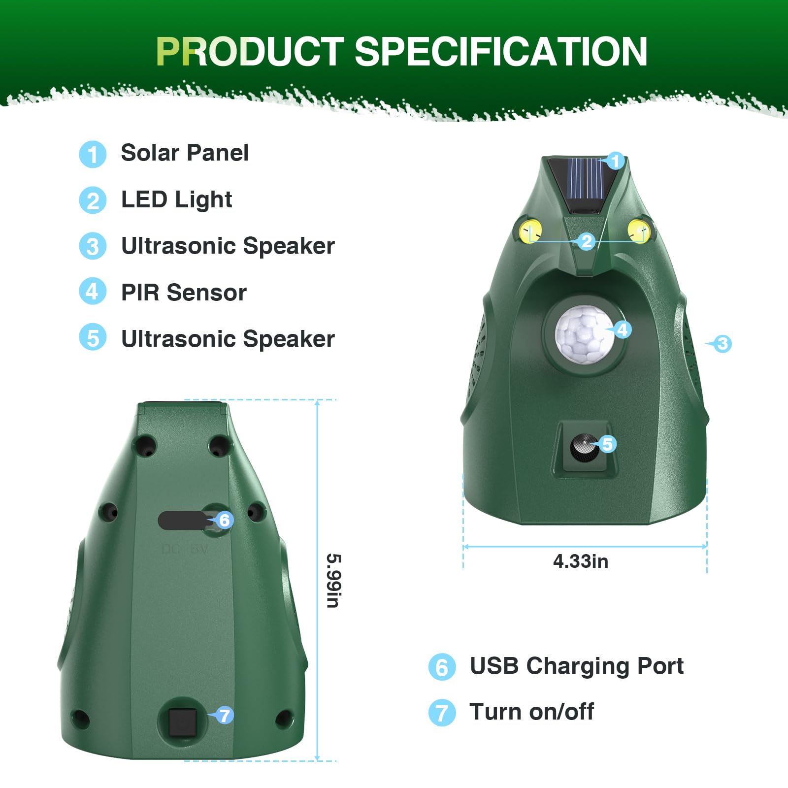 Repellente per Gatti Esterno, Repellente Piccioni Ultrasuoni Solare, Dissuasore per Uccelli, Ricarica USB & Energia Solare, Repellente Gatti Cani da Giardino per Piccione, Coniglio, Uccelli, Volpe