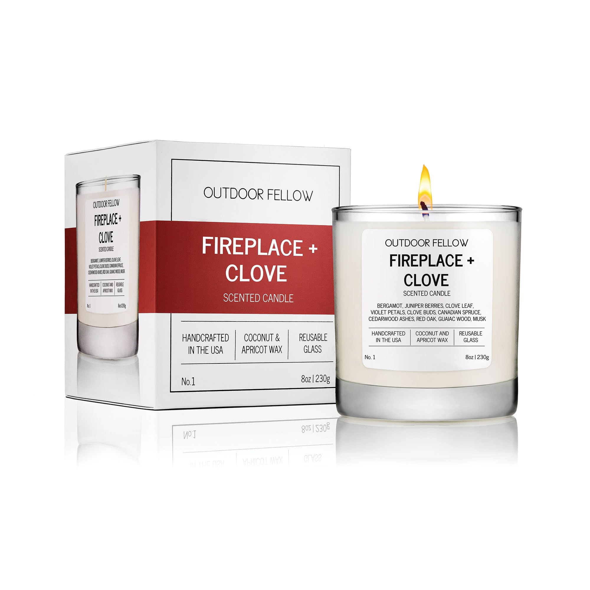Outdoor Fellow Fireplace and Clove Scented Candle, 8oz, Coconut & Apricot Wax Blend, Bergamot, Clove Buds, Cedarwood, Reusable Glass, 40-50 Hour Burn Time