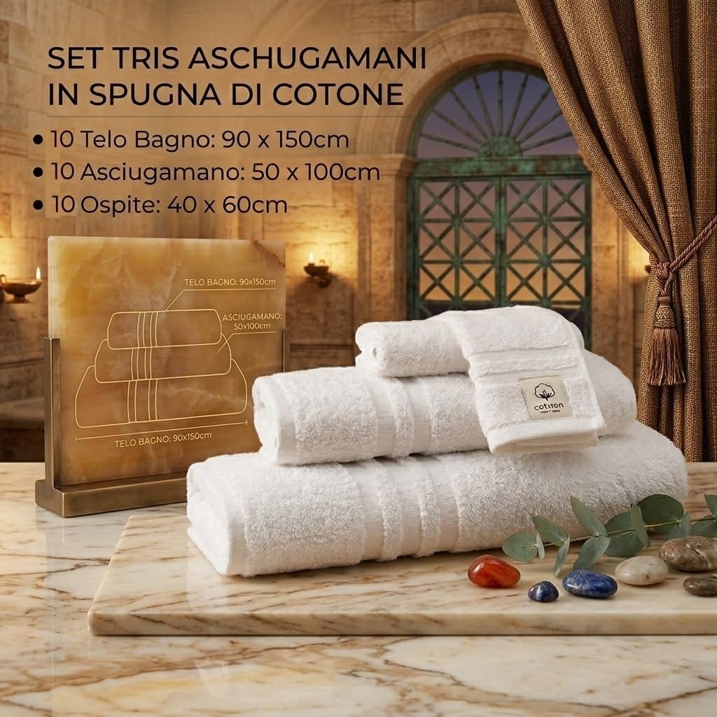 Generico Set Tris Spugna di 10 Teli Doccia Bagno, 10 Asciugamani Viso, 10 Asciugamani Ospite100% Cotone Spugna Idrofila 500 gr/mq Perfetto per Hotel, B&B e Case Vacanze Set 30 Pezzi Asciugamani