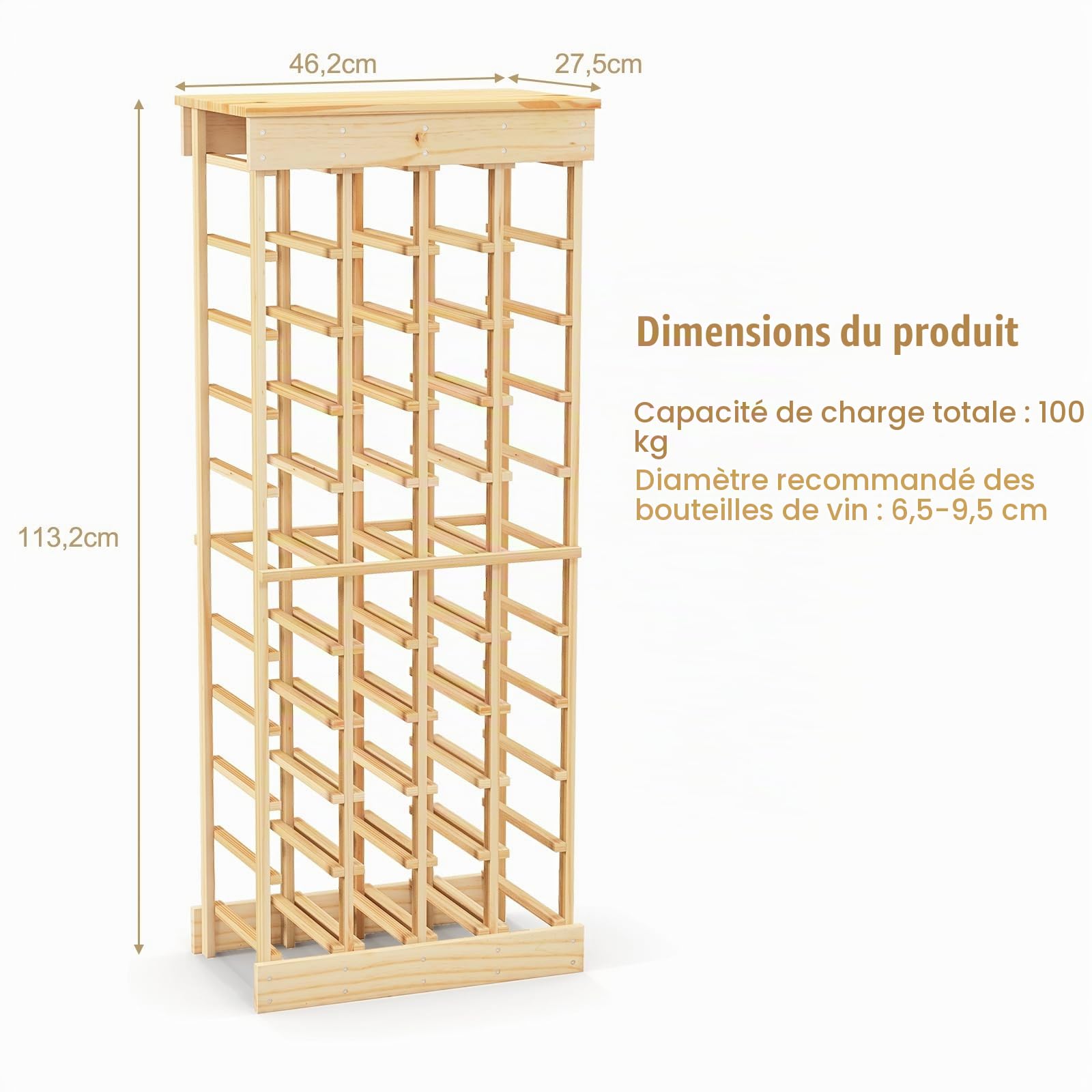 KOMFOTTEU Porte-Bouteilles sur Pied en Bois de Pin pour 40 Bouteilles