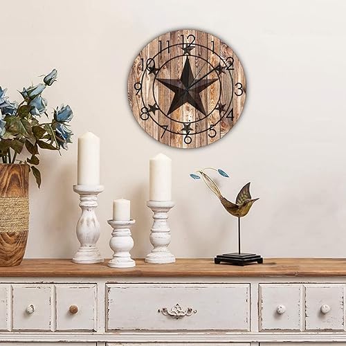 Miniatura 3 de Reloj de pared redondo rústico con estrella de Texas, funciona con pilas, sin tictac, silencioso para colgar en la pared, reloj de madera, vintage,