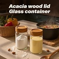 Vista 6 de Juego de 2 tarros de vidrio de 10 onzas de grado alimenticio con tapas de madera de acacia resistentes, sellables e impermeables, transparentes