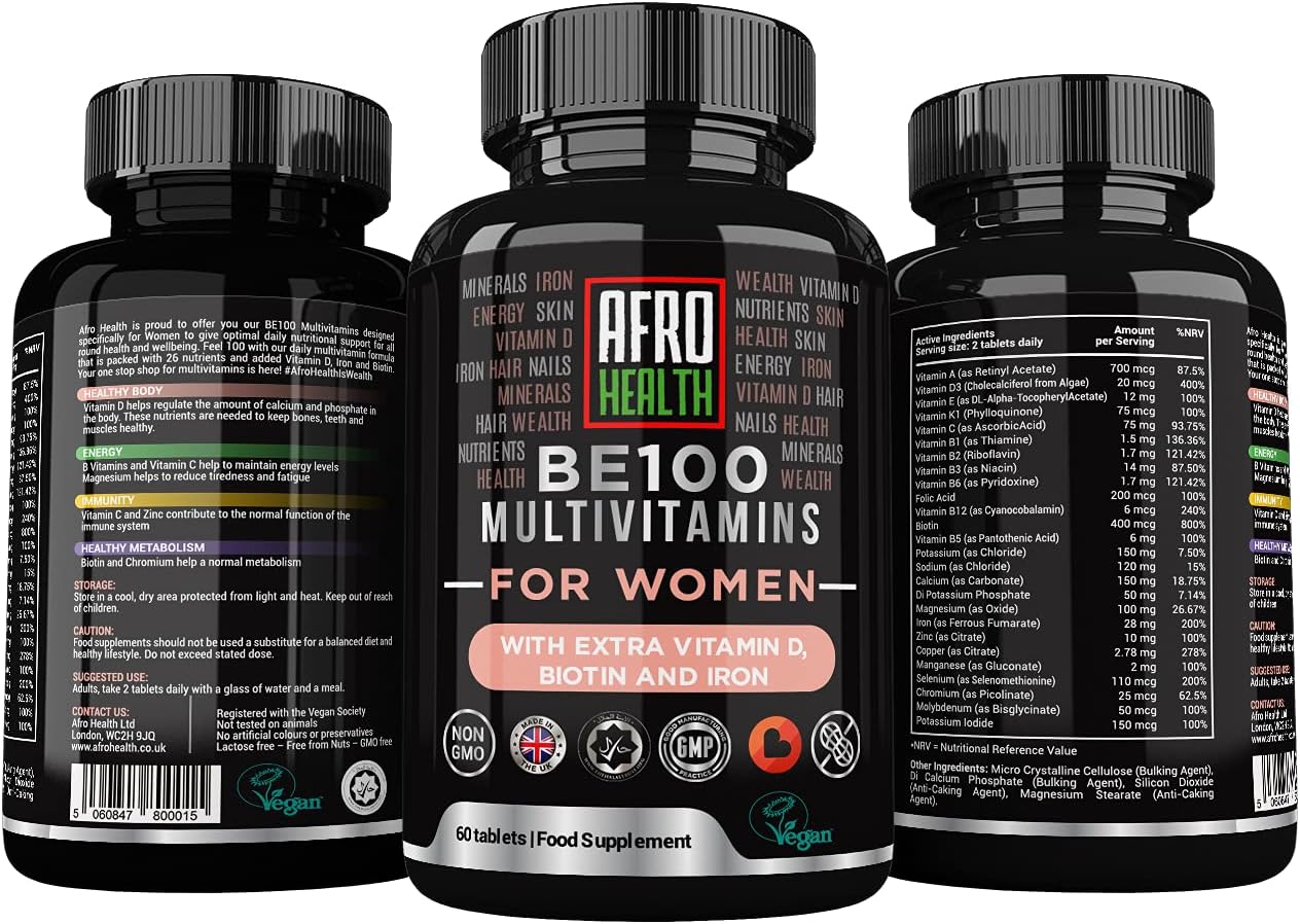BE100 Multivitamins for Afro Caribbean Women | 60 Tablets | 26 Essential nutrients with Added Vitamin D | Vegan and Halal…