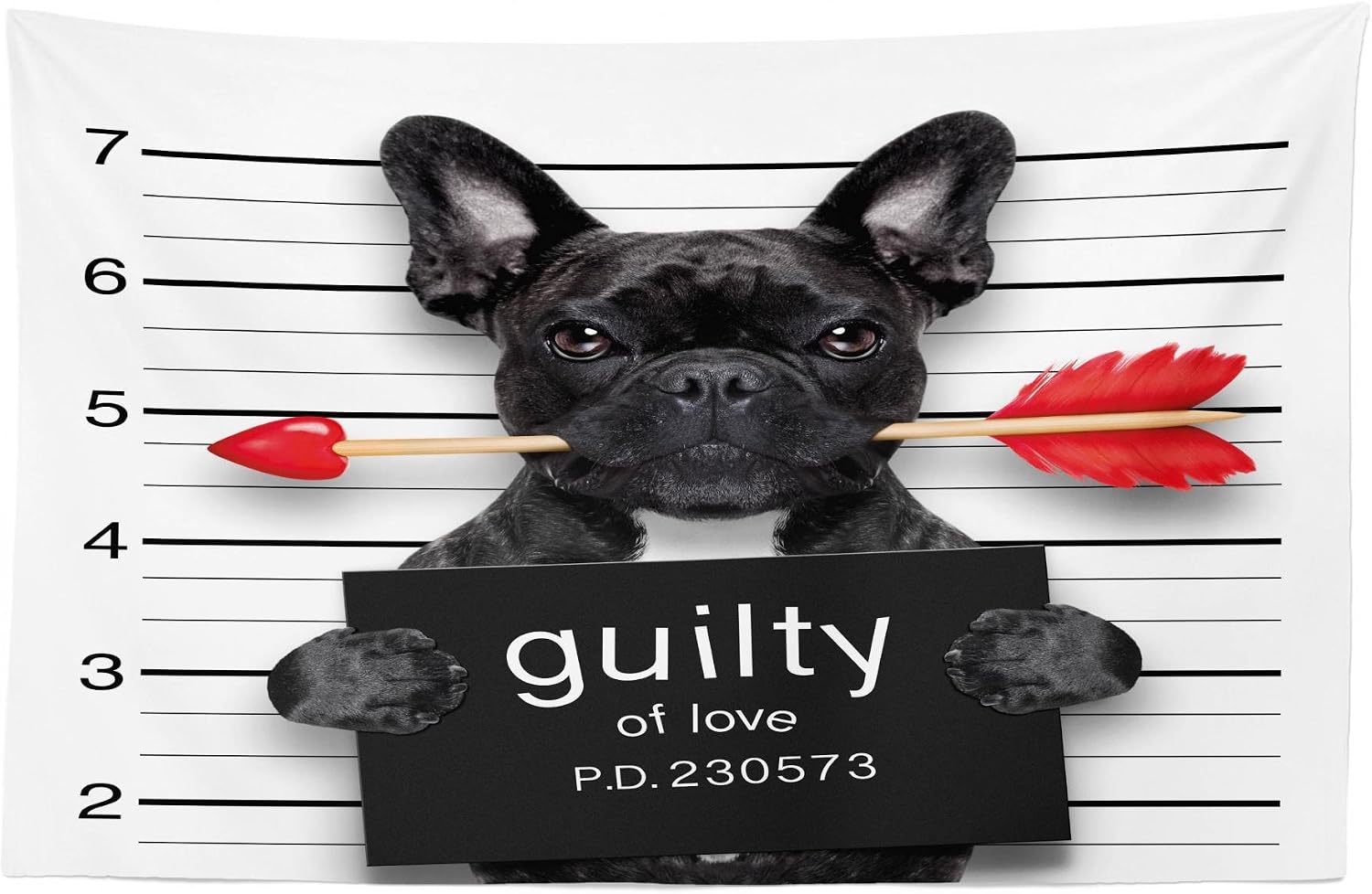 Lunarable Funny Tapestry, Valentines Bulldog with Rose in Mouth As Mug Shot Guilty of Love Romance Design, Fabric Wall Hanging Decor for Bedroom Living Room Dorm, 45" X 30", Black Red White