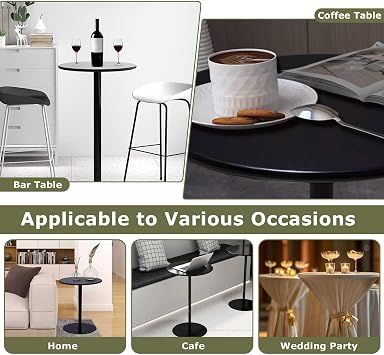 Round Bar Table for Narrow Space, High Top Pub Dining Table Counter Height Cocktail Bistro Table with Metal Base for 2-3 People, Coffee Table for Indoor Outdoor, Black(48x48x72cm)