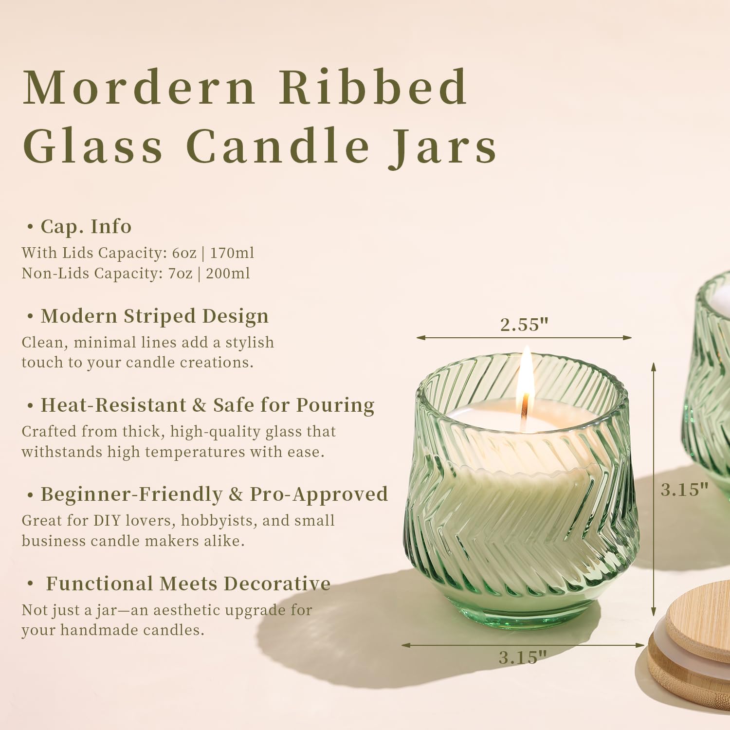 LAMORGIFT 8 barattoli per candele verde chiaro da 198,4 g, per realizzare candele, barattoli di vetro unici a coste, barattoli di vetro con coperchio in bambù ed etichette per la produzione di candele
