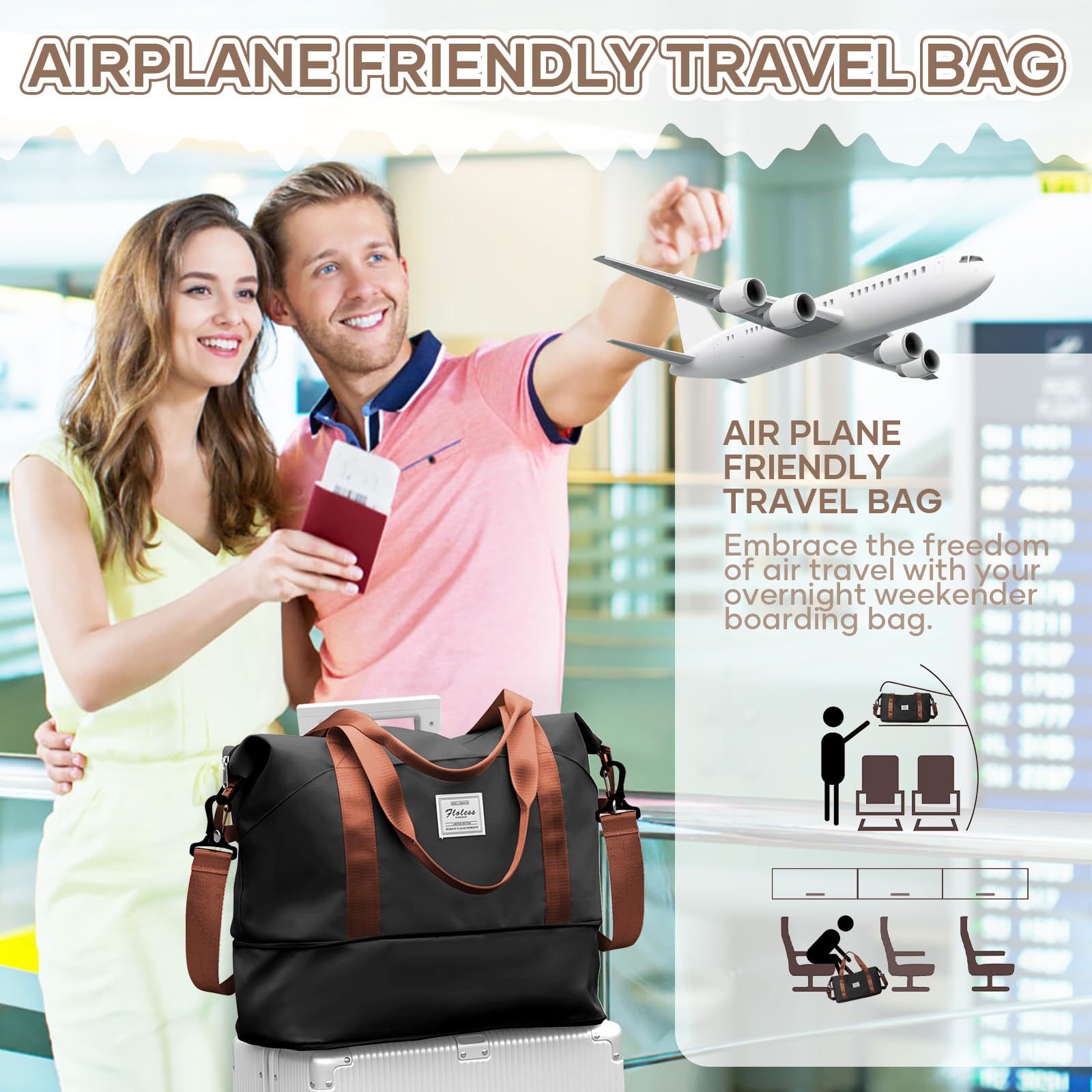 SEAFEW Bolsa de Viaje 40x20x25 para Ryanair,Bolsa de Mano Equipaje de Fin de Semana 40x30x20 para Mujer,Impermeable Bolsa de Deporte para Gimnasio,Bolso de Natación para Playa,A4-Negro-Marrón