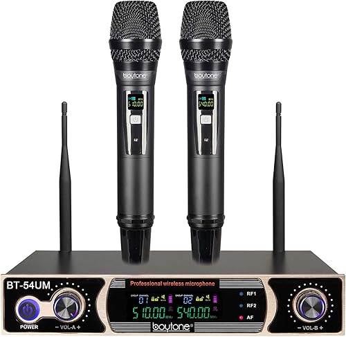 Boytone Sistema de micrófono inalámbrico UHF dinámico fijo dual, micrófono y base de metal, hasta 260 pies (BT-54UM)