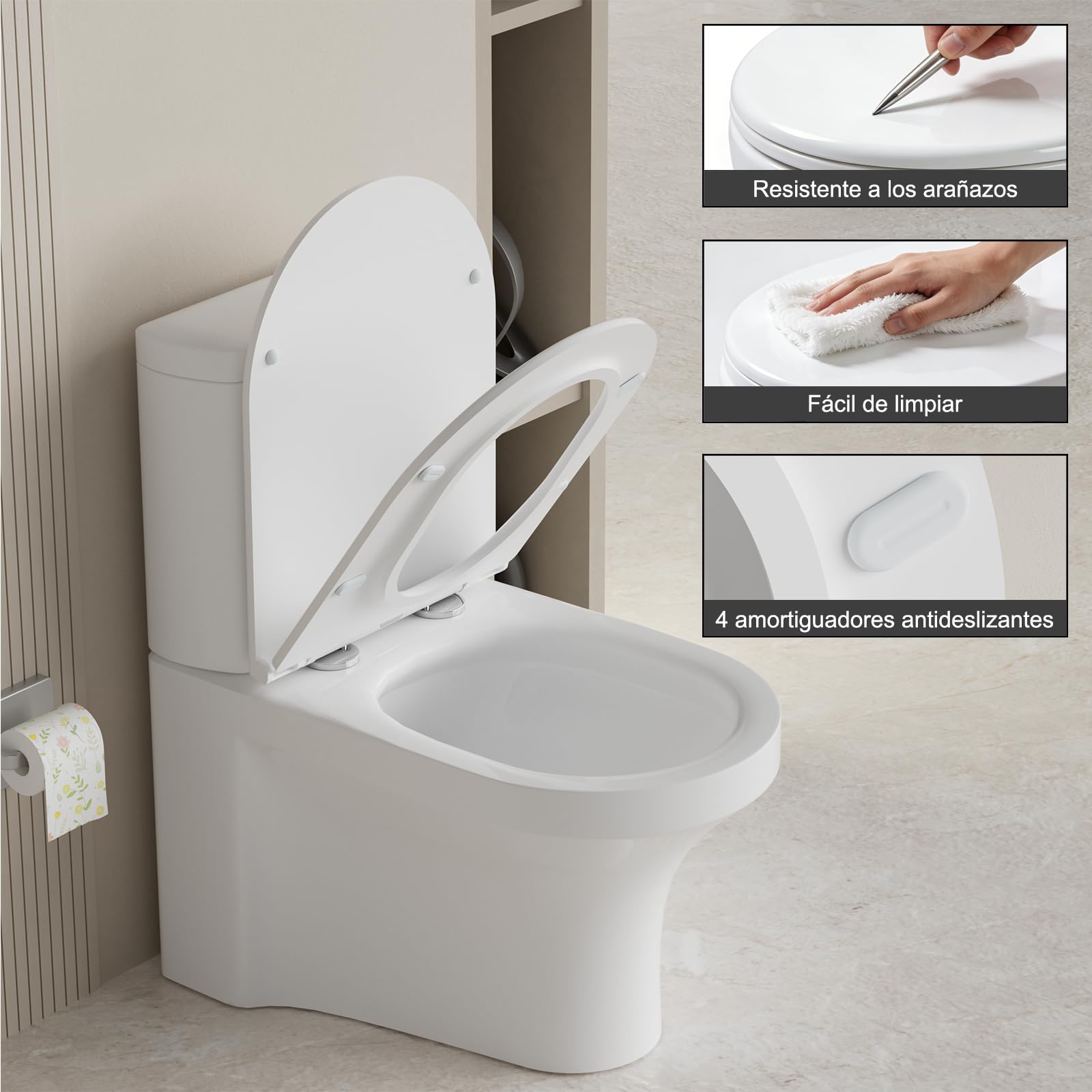 SURFOU Tapa WC Universal en Forma de D, Asiento de Inodoro de Duroplast con Cierre Suave, Soporta hasta 200 kg, Desmontaje Rápido para Limpieza Fácil, con Gomas para Fijación Estable