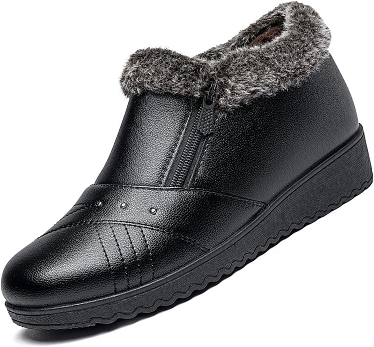 Women's Warm Lined Waterproof Leather Shoes Winter Casual Solid Color Round Toe PU Platform Ankle Boots with Side Zipper