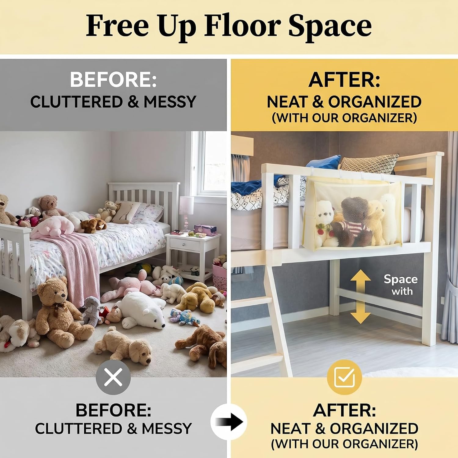 Beeveer Stuffed Animal Organizer for Bedside, Large Capacity Plush Toy Storage with Mesh Front, 2 Side Pockets & Reinforced Support, Hanging Toy Organizer Saves Floor Space for Kids Bedroom, Beige