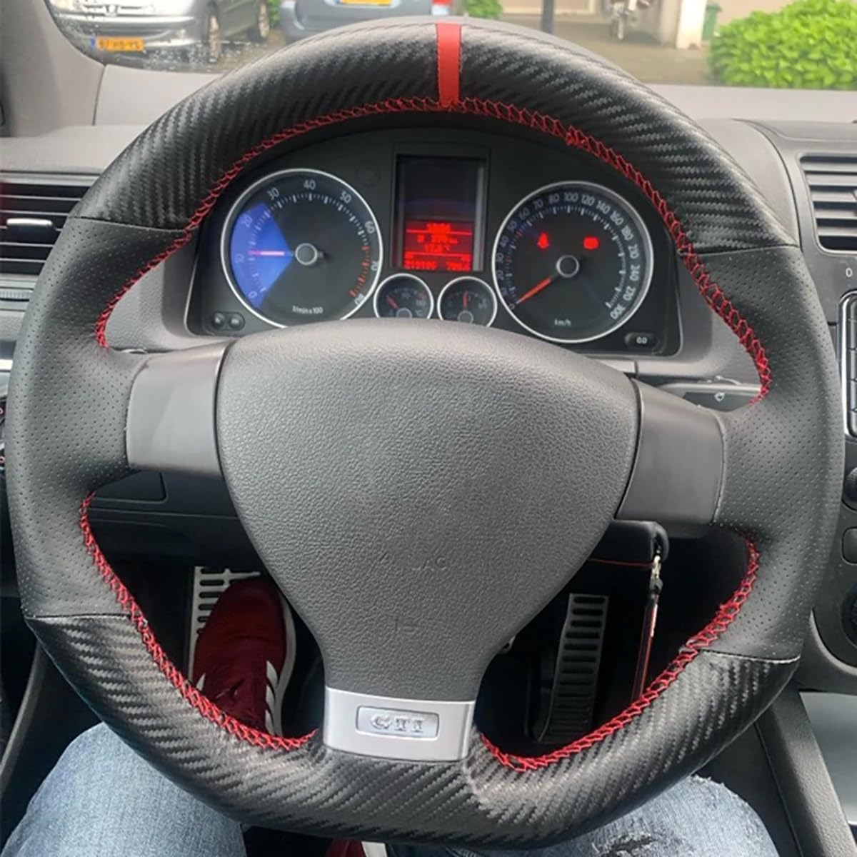 Loncky Custom Fit OEM Stitched Carbon Fiber Suede Genuine Leather Car Steering Wheel Cover for Volkswagen VW R32 2008 / VW GTI 2006 2007 2008 2009 / Jetta GLI 2006 2007 2008 2009 Accessories