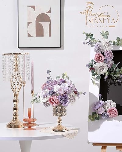 Miniatura 9 de Senseya - Juego de flores artificiales, rosas de seda púrpura, peonías, dalias con tallos para ramos de boda, baby shower, centros de mesa,