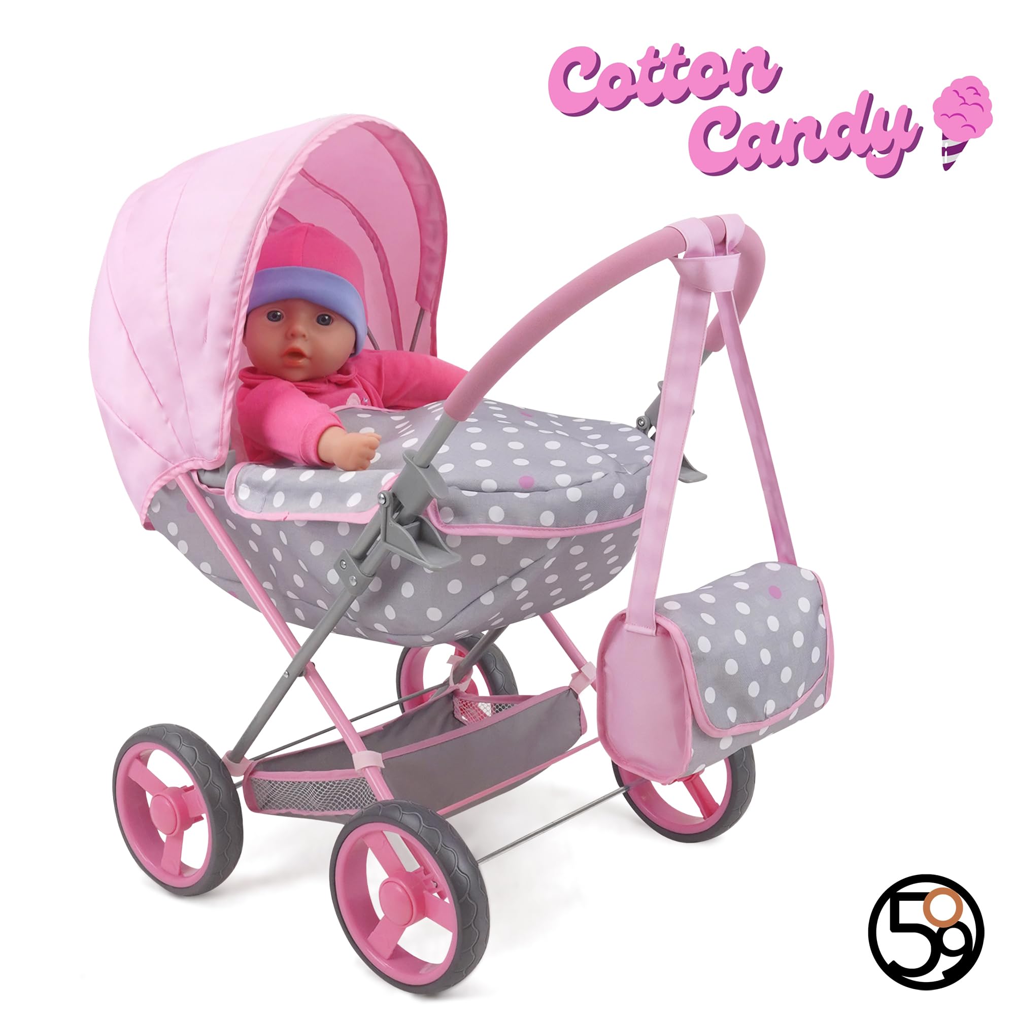 509 Crew Doll Pram n Feed 8 Piece Combo Play Set, Classic Doll Pram, Doll High Chair, Diaper Bag, 5 Piece Feeding Toys, for Dolls 46cm, Pretend Play for Kids Ages 3+