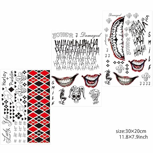 Miniatura 8 de Zeecdatoo 5 hojas de tatuajes de broma de gran tamaño para escuadrón suicida, tatuajes de Harley Quinn perfectos para disfraces de Halloween y