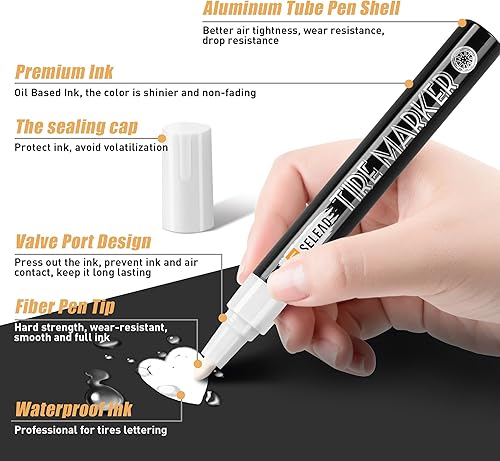 Miniatura 4 de SELEAD Marcador de neumáticos blanco  Paquete de 8 bolígrafos de pintura para neumáticos de automóvil, tinta profesional a base de aceite de alta