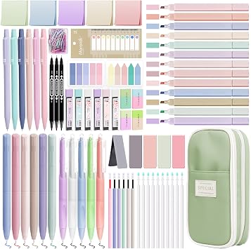 122 PCS Aesthetic Stationery Supplies with Pencil Case, 12 Pastel Highlighters, 11 Gel Pens, 6 Mechanical Pencils Set 0.5 & 0.7 mm and So on for Students Stationery College Essentials, Green