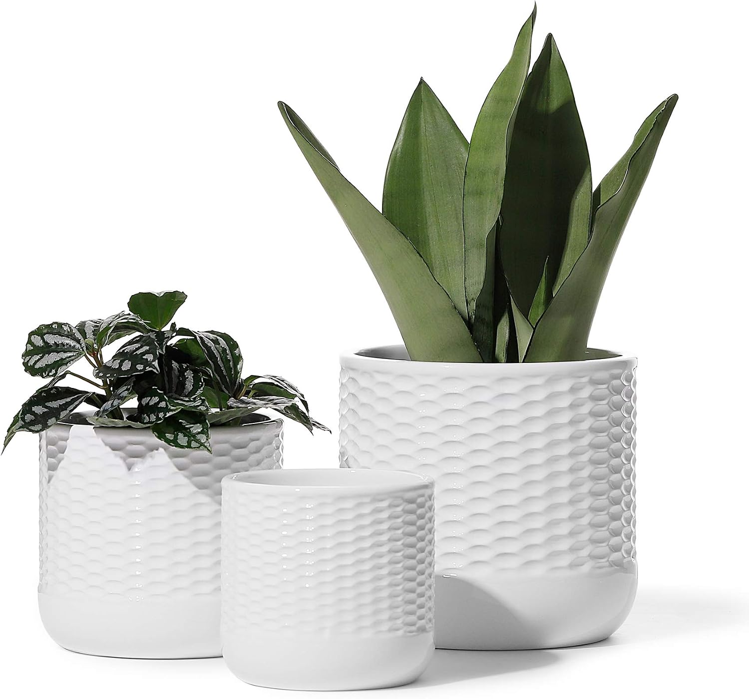 POTEY Plant Pots, 6+5+4 Inch Outdoor/Indoor Ceramic Succulent Pot with Drainage, Garden Flower Pot Outdoor Decorative, White