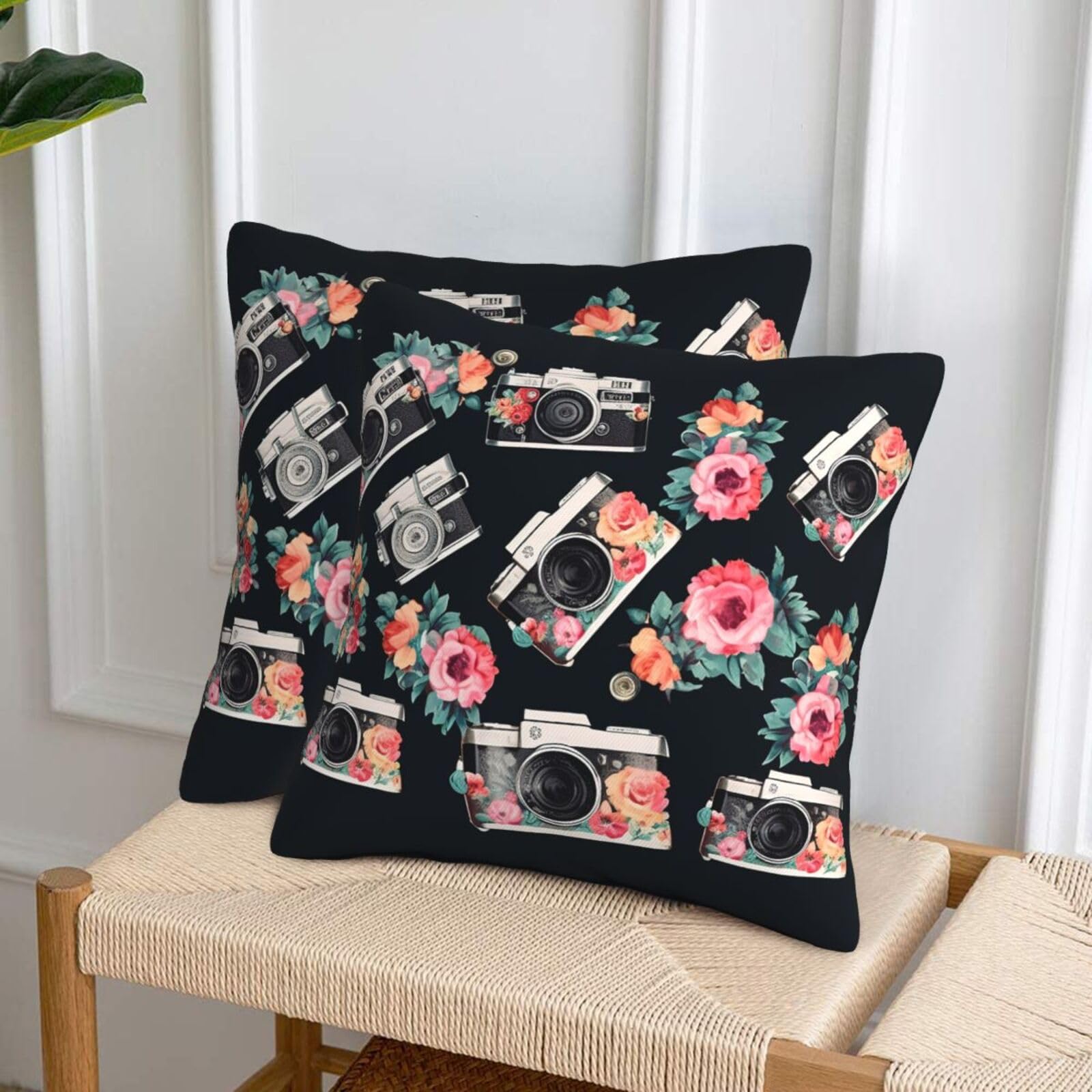 NONHAI Decorative Throw Pillow Covers Set of 2, 12"x12" Square Cushion Case Soft Comfy Flower Camera Throw Pillows for Couch Cushion Livingroom Farmhouse Home Decor Pillowcases