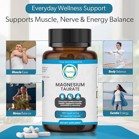 Natural Magnesium Taurate 1500mg Magnesium Taurate Supplement for Heart Health, Sleep Relaxation, Blood Pressure Balance & Energy Boost with High Absorption - Made in USA, 90 Capsules