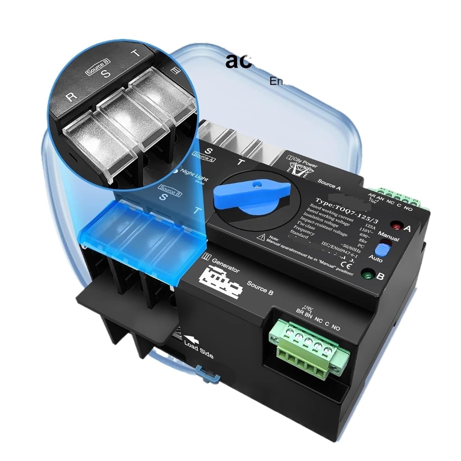 DINレール 3相ATS 3P 63A 100A 110V 120V デュアルパワー自動転送電気セレクタースイッチ無停電(125A)